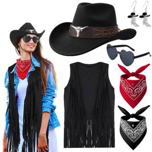 lot 2051 image: ZhouBoat Cowgirl Outfits for Women, Western Cowgirl Costume, Fringe Vest Cowboy Hat Heart Shaped Sunglasses Western Boot Earring Bandana for Cosplay (Black, L)