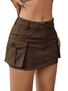 lot 2057 image: EARKOHA Womens Mini Cargo Skirt Y2K Button Low Waist Short Skirts Bodycon Denim Jean Skirt with Flap Pockets Coffe Brown 2XL