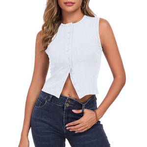 lot 2065 image: Womens Button Down Tank Tops Ribbed Sleeveless Shirts Slim Fit Summer Vest Crop Y2K Going Out Tops 2025 White S