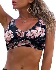 lot 2066 image: Fanuerg Womens Twist Front Bikini Top V Neck Push Up Padded Swimsuit Top Bathing Suits Black Floral L