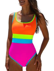 lot 2075 image: popvil Womens One Piece Swimsuits Tummy Control - Adjustable Strap Bathing Suit - Neon Color Block Sexy Sport Swim Suits,Hot Pink,Medium