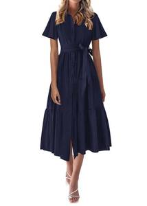 lot 2094 image: KIRUNDO Summer Button Down Wedding Guest Shirt Dresses for Women Maxi Flutter Short Sleeve Flowy Tiered Beach Sun Dress(Navy, Large)