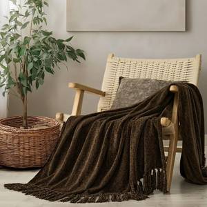 lot 2108 image: EVERGRACE Soft Chenille Throw Blanket for Couch, Cozy Plush Fuzzy Decorative Chenille Knit Throw Blanket with Tassels, Lightweight Blanket and Throws for Bed Sofa Gift Home Decor, Dark Brown 60x80