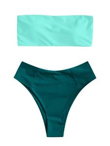 lot 2112 image: ZAFUL Womens High Cut Bandeau Bikini Set Strapless Solid Color 2 Pieces Bathing Suit Swimsuit (0-Dark Green Colorblock,L)