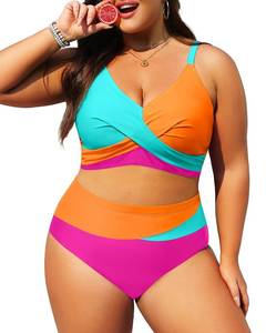 lot 2115 image: Tempt Me Plus Size Two Piece Swimsuit - Aqua Orange Pink Women High Waisted Bikini Set Tummy Control Bathing Suits 18 Plus