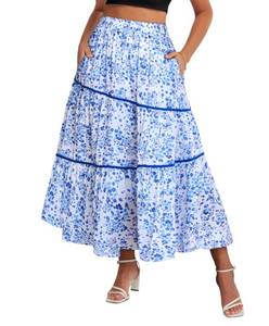 lot 2117 image: Belle Poque Summer Floral Skirts for Women Blue Maxi Skirts High Waisted A Line Flowy Skirts Long Skirts with Pockets S