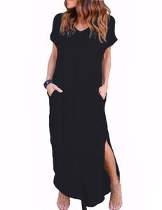 lot 2123 image: Zilcremo Women Summer Casual Maxi Dress Loose Pockets Short Sleeve Split Boho Dresses Black L