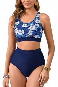 lot 2125 image: Halcurt Womens Athletic High Waisted Bikini Sets Two Piece Sport Scoop Neck Cheeky Swimsuit Navy White Floral XL