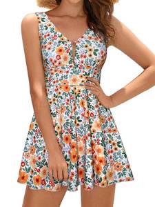 lot 2131 image: SHEKINI Womens Sexy Deep V Cutout One Piece Swimsuit Ruched Tummy Control Swimdress (Violet Print-Orange, Large)
