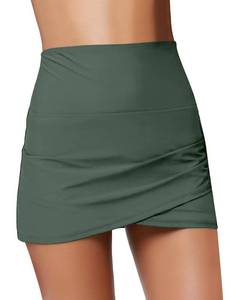 lot 2136 image: GRAPENT Womens High Waist Tulip Hem Shirring Swim Skirt Swimsuit Bikini Bottom Army Green Size S