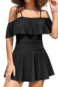 lot 2138 image: SHEKINI Womens Off-Shoulder Ruffled Flounce Swim Skirt Ruched One Piece Swimdress (Black, X-Large)