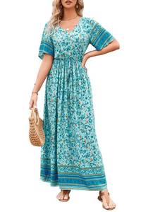 lot 2139 image: PRETTYGARDEN Womens Casual Summer Boho Floral Print Dress V Neck Short Sleeve High Waist Long Maxi Beach Dresses (Green Yellow Floral,X-Large)
