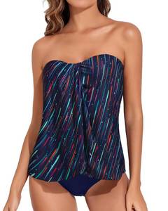 lot 2140 image: Tempt Me Navy Blue Stripe Two Piece Tankini Bathing Suits for Women Halter Bandeau Swim Top with Bottom Flyaway Tummy Control Swimsuit S