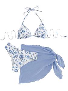 lot 2145 image: SHENHE Womens 3 Piece Floral Bikini Set with Wrap Coverup Halter Triangle Swimsuits Blue W X-Small