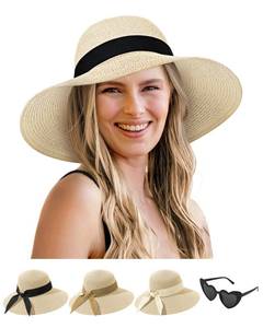 lot 2157 image: Sun Hats for Women - Oversize Large Straw Beach Hat for Summer Floppy Wide Brim Packable Foldable Roll Up UPF 50 Beige