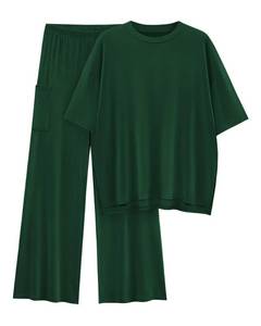 lot 2341 image: KIRUNDO Lounge Sets for Women 2025 Casual Summer Oversized Short Sleeve Shirts Tops and Wide Leg Pants Sets Maternity Lounge Set(Dark Green, X-Large)