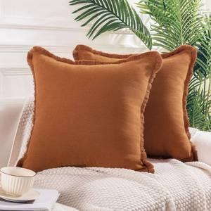 lot 2345 image: NEXHOME PRO Boho Throw Pillow Covers for Couch Set of 2 18x18, Handmade Decorative Linen Pillow Covers for Sofa, Farmhouse Fringed Cushion Covers, Fall Burnt Orange (Insert Not Included)