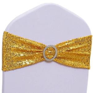 lot 2366 image: SINSSOWL Pack of 50 Spandex Sequins Chair Sashes Gold Chair Bands with Buckles, Chairs Bows Ties for Party Wedding Fiesta Decor - Sequin Gold Chair Sash