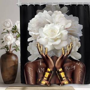 lot 2381 image: SVBright African American Shower Curtain, Black Gold Curtains for Women Girl, Flower Peony Floral Modern Quotes Girly Words 12 Pack Hooks Polyester Waterproof Fabric Bathroom Bathtub Panels 60Wx72L Inch