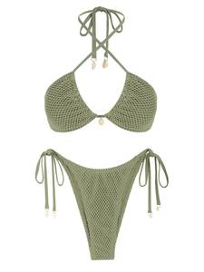 lot 2386 image: ZAFUL Womens Bikini Set Fishnet Triangle Tie Convertible Collar Halter Bandeau Shell Two Piece Bathing Suit Green