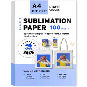 lot 12362 image: Printers Jack Sublimation Paper - Heat Transfer Paper 100 Sheets 8.3 x 11.7 for Any Epson HP Canon Sawgrass Inkjet Printer with Sublimation Ink for T shirt Mugs DIY