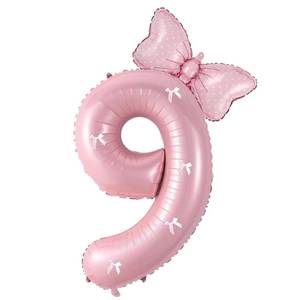 lot 12375 image: 9th Birthday Decorations for Girls, 40 Inch Pink Bow Number 9 Balloons Set, Butterfly Themed Birthday Party Decorations. (Pink 9)