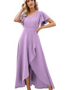 lot 12385 image: Formal Dresses for Women,Gowns Evening Party Cocktail Dress,Long Split Elegant V Neck Wrap Ruffle Wedding Guest A-line Dresses Lavender Purple-L