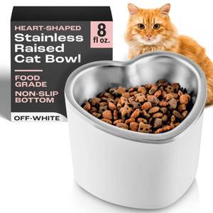 lot 12393 image: OCM Raised Cat Bowl  8Oz Heart Shaped Bowl for Cats, Small Dogs  Elevated Cat Bowls Promote Digestion, Swallowing  Non-Slip Dishwasher Safe Cat Food Bowls  Food Grade Stainless Steel (Off White)