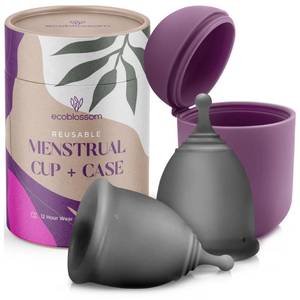lot 12401 image: EcoBlossom Reusable Menstrual Cup and Case - The Most Reliable Medical Grade Silicone Period Cups - Comfortably use for 12 Hours (Small (Pack of 2), Gray Cup & Case)