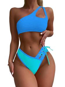 lot 12405 image: SherryDC Womens Cheeky Cutout One Shoulder Bikini Color Block V Cut High Leg Two Pieces Swimsuit