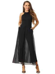 lot 12418 image: Allegra K Elegant Jumpsuit for Womens Summer Sleeveless Halter Neck Wedding Chiffon Wide Leg Dressy Jumpsuits Large Black