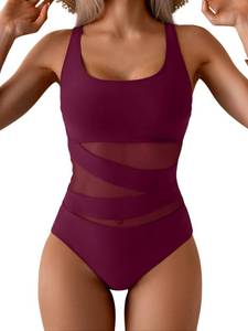 lot 12421 image: B2prity Womens Mesh One Piece Swimsuit Tummy Control Sexy Bathing Suit Push Up Swim Suit Slimming Swimwear Wine Red