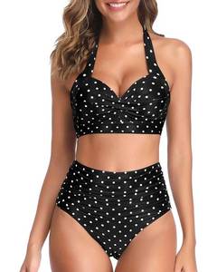lot 12429 image: Tempt Me Womens Vintage Swimsuits Black Little Dot Retro Halter Ruched High Waist Bikini with Bottom M