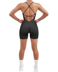 lot 12432 image: SUUKSESS Women Strappy Romper Workout Yoga Seamless One Piece Jumpsuit Tummy Control Padded Sports Bra (Black, S)