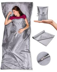 lot 12444 image: The Friendly Swede Sleeping Bag Liner Ultralight - Thin Travel Sheets for Hotel w Full Length Zipper Silky Feel Camping Sheets & Adult Sleep Sack for Backpacking Travel Sleeping Bag - Grey (Zipper)