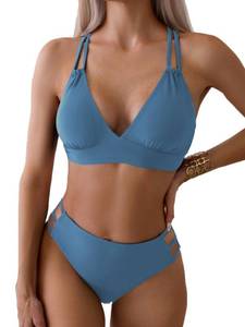 lot 12446 image: Fanuerg Womens Sexy V Neck Bikini Sets Hollow Out Two Piece Swimsuits Cutout Mid Waist Bathing Suit Grey Blue M
