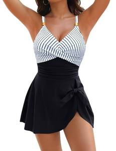 lot 12448 image: Blooming Jelly Womens Tummy Control Swim Suits One Piece Bathing Suit Slimming Modest 2025 Swimdress (XL, Striped Black)