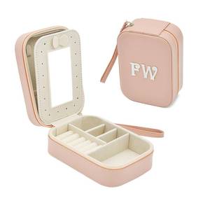 lot 16130 image: Cuifdem-Jewelry Travel Case with Hand Strap and Monogram, Small Jewelry Box PU Leather with Mirror, Travel Jewelry Box for Women Girls, Jewelry Organizer Personalized Gifts (charming dirty pink, FW)
