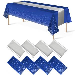lot 16190 image: 8Pack Disposable Plastic Tablecloths and Satin Table Runner Set Blue and Silver Dot Tablecloth Silver Satin Table Runner for Wedding Birthday Baby Shower Anniversary Christmas New Year Party Supplies