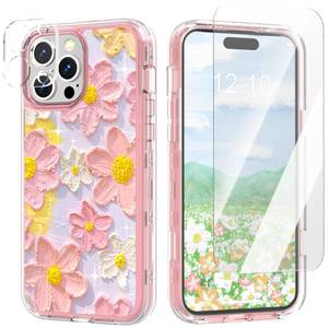 lot 16201 image: ACKETBOX for iPhone 14 Pro Max Case,Colorful Flowers for iPhone 14 Pro Max Phone Case Cute,with Screen Protector &amp Camera Lens Protector (Pink Flower)