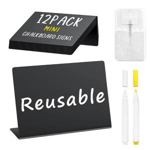 lot 16206 image: PigPotParty 12 Pcs Food Labels for Party Buffet wCleaning Spray, 4x3 Mini Chalkboard Signs for Food Display, Table Place Cards - Name Tags- Small Chalk Board Signs, w 2 Markers