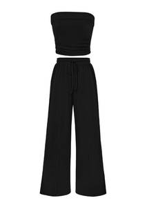 lot 16224 image: PRETTYGARDEN Womens Summer Outfits 2 Piece Sets Casual Ribbed Knit Crop Tube Top Wide Leg Pants Spring Matching Lounge Set(Black,Medium)