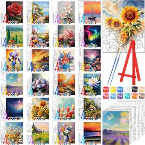 lot 17400 image: Blosssound 24 Pack Flower Scenery Pre Drawn Canvas to Paint Pre Printed Canvas Painting Kits with Easel, Paint Pots and Brushes Stretched Panels Bulk for Adult Sip Party Student Beginner Birthday DIY