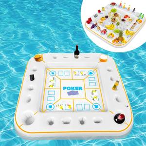 lot 17424 image: Elcoho 55 x 55 Inch Extra Large Inflatable Game Table with Waterproof Playing Cards Floating Pool Table Drink Holder Inflatable Ice Serving Tray Buffet Bar for Pool Summer Party, White