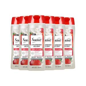 lot 17431 image: Suave Strawberry Delight Uplifting Body Wash, Formulated with Glycerin and Vitamin E for Hydrating and Gently Cleansing Skin, 18 oz, 6 Pack