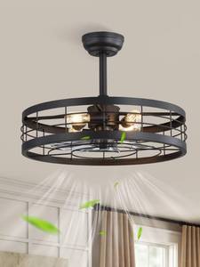 lot 17437 image: LEDIARY 22 inch Black Caged Ceiling Fan with Light, Bladeless Industrial Ceiling Fan with Remote, Farmhouse Fan Lights Ceiling Fixtures for Kitchen, Bedroom, Outdoor (6 Speed, Timing)-Black