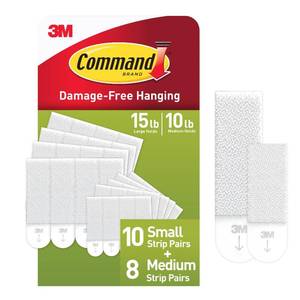 lot 18329 image: Command Picture Hanging Strips Variety Pack, Damage Free Hanging Picture Hangers, No Tools Wall Hanging Strips for Living Spaces, White, 10 Small Pairs and 8 Medium Pairs(36 Strips)