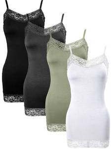 lot 18340 image: Bencailor 4 Pack Womens Long Tank Tops, Lace Camisole Neck Cami Adjustable Spaghetti Strap Undershirts for Women(Black, White, Grey, Green,Large)