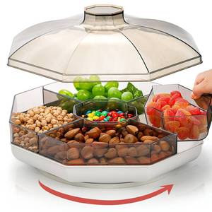 lot 19004 image: Noamus Rotating Snack Serving Tray with Lid, 11 Plastic Divided Serving Dishes, 5 Compartment Round Appetizer Platter, Removable Dried Fruit Organizer Plate for Veggie Candy Nut Cracker Chip Party