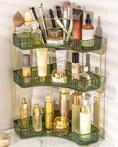 lot 19005 image: NATURES SOURCE Makeup Organizer for Vanity, 3-Tier Corner Bathroom Organizer Countertop with Makeup Brush Holder, Corner Counter Storage for Bathroom Dresser- Green